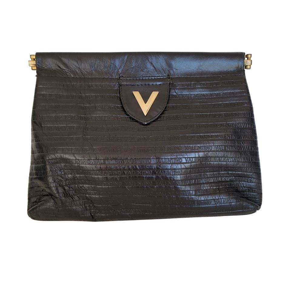 Mario Valentino Vintage Black Leather Embossed Logo Clutch Bag Made in Italy